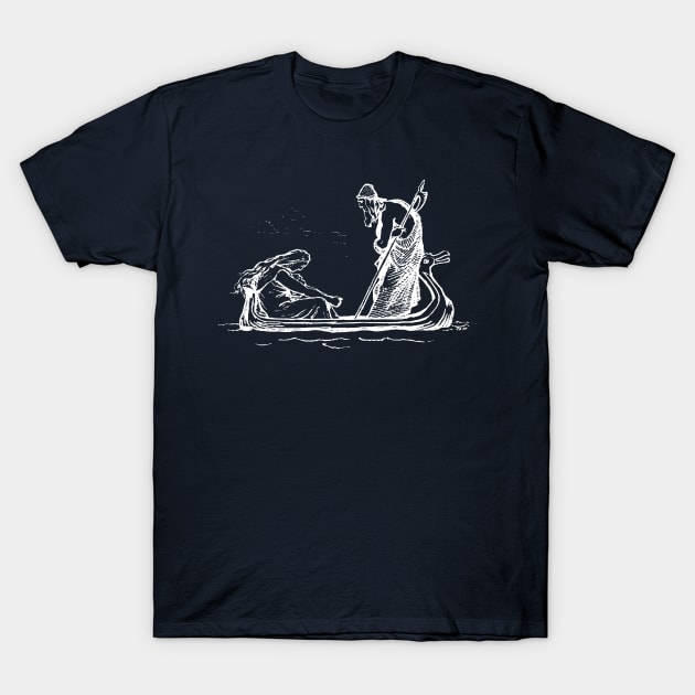 Odin Sailing In An Oselvar Viking Boat Through Fensalir T-Shirt by taiche